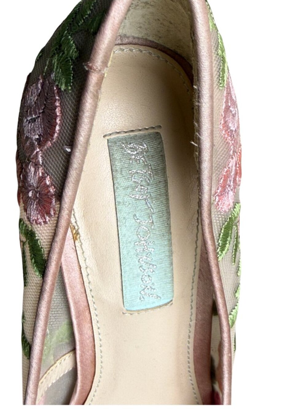 Betsey Johnson Embroidered Floral Peep Toe Heels Size 6 Pink Satin Mesh Stiletto - Picture 12 of 15